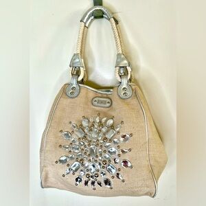 Rafe Raffia/Burlap Cloth Handbag w/Crystal and Stud Embellishment, Leather Trim